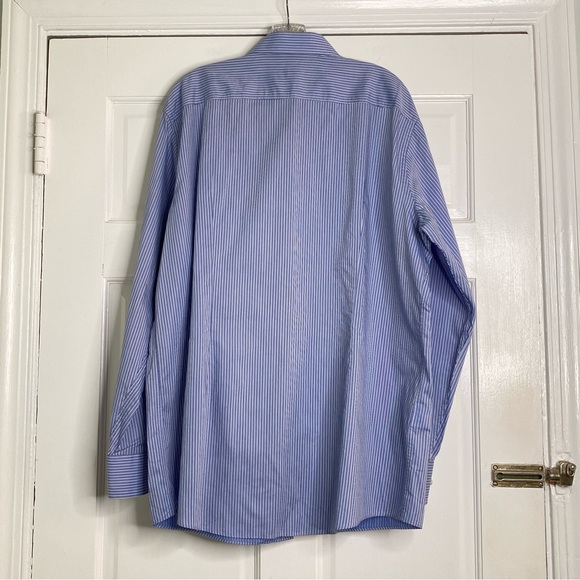 Boss Hugo Boss Mens Sharp Fit Blue Pinstripe Button Front Dress Shirt 17L 34/35 - Picture 14 of 15